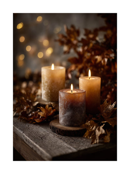 Poster of glowing autumn candles on rustic wooden table