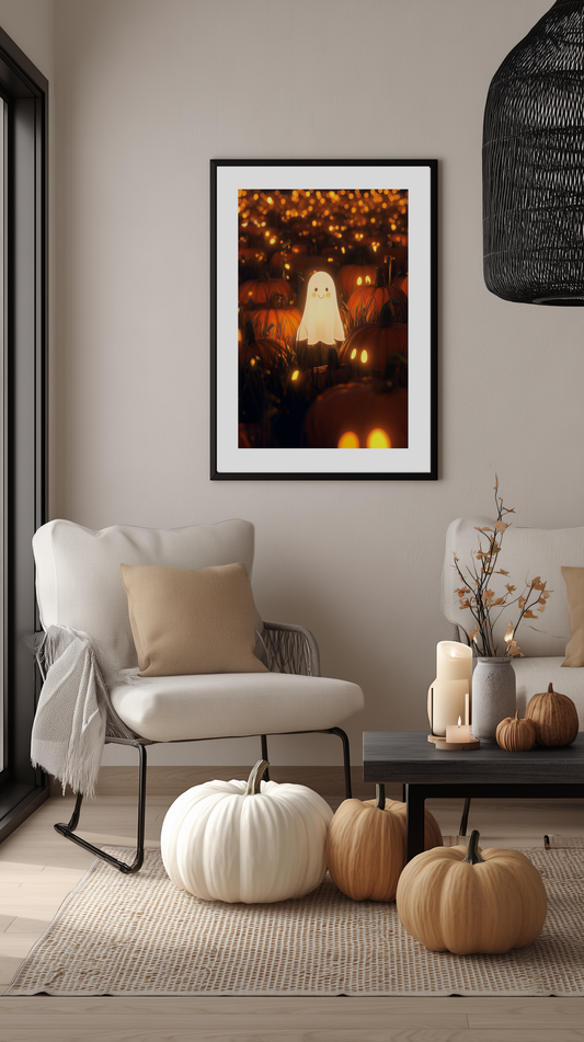 Cute Ghost in Pumpkin Patch Poster
