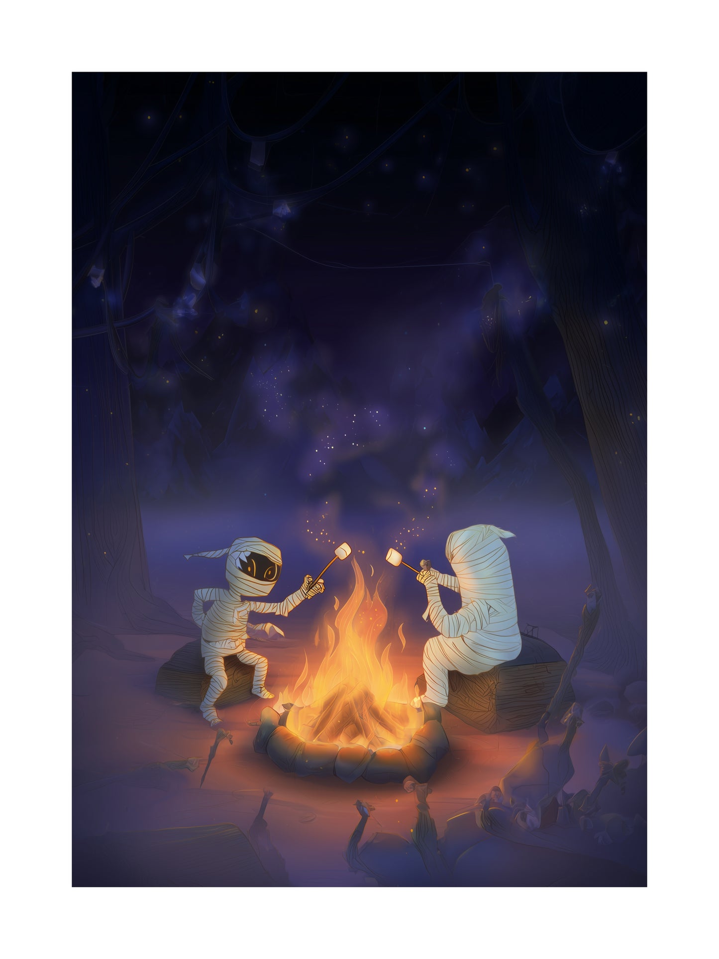 Cartoon mummies roasting marshmallows at night around a fire