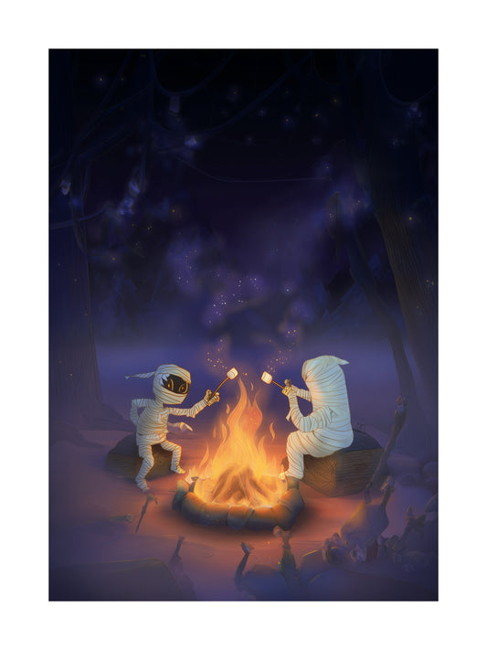 Cartoon mummies roasting marshmallows at night around a fire