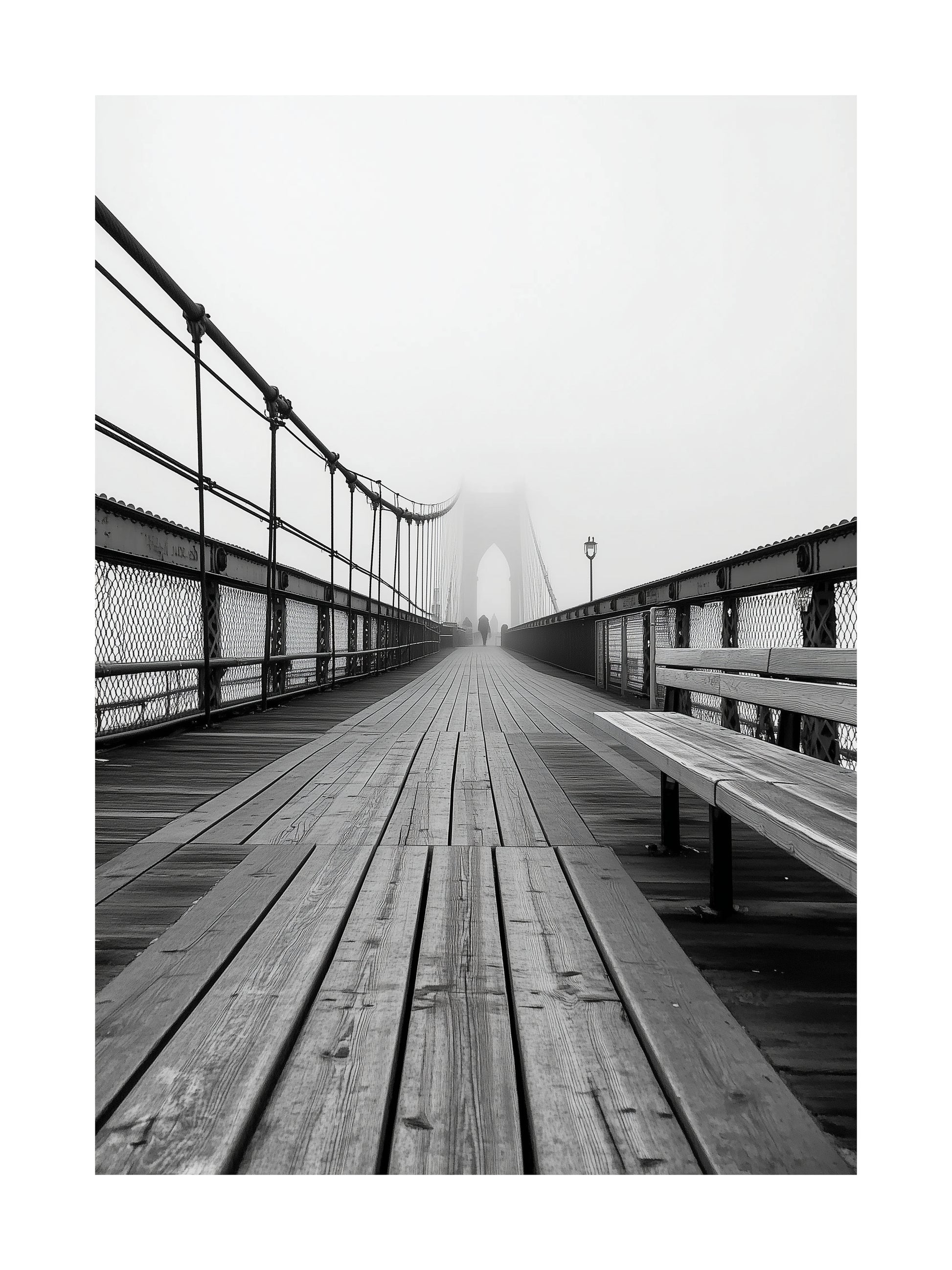 Black and white photo of Brooklyn Bridge fading into fog – moody bridge poster