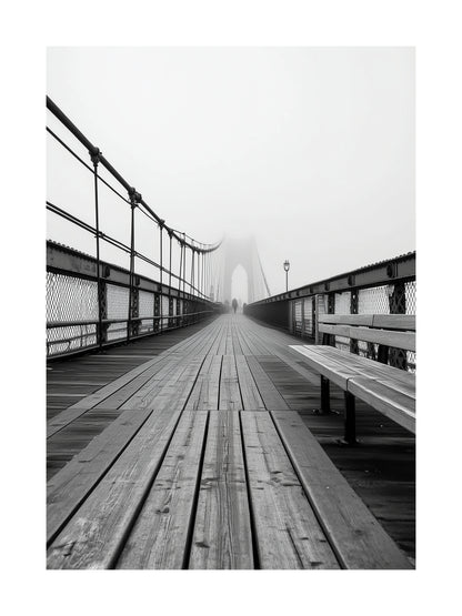 Black and white photo of Brooklyn Bridge fading into fog – moody bridge poster