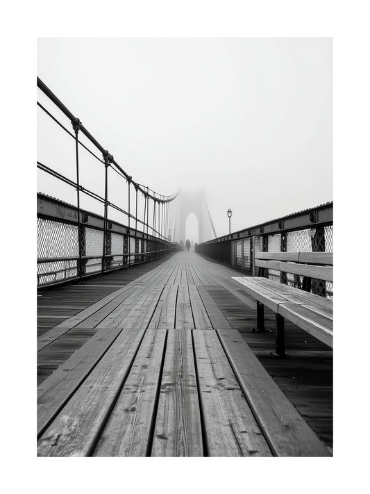 Black and white photo of Brooklyn Bridge fading into fog – moody bridge poster