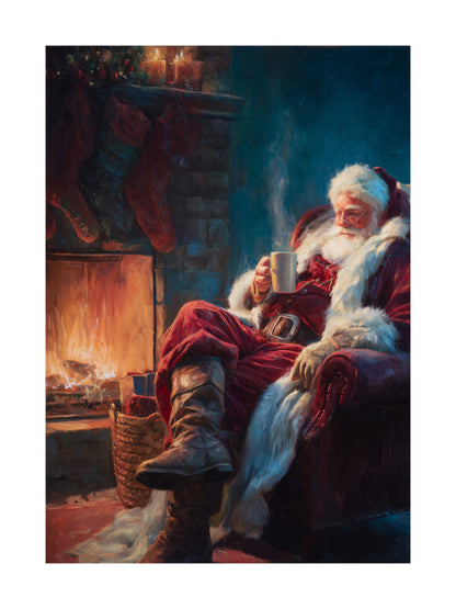 Santa Claus relaxing by the fireplace with a cup of cocoa Christmas poster