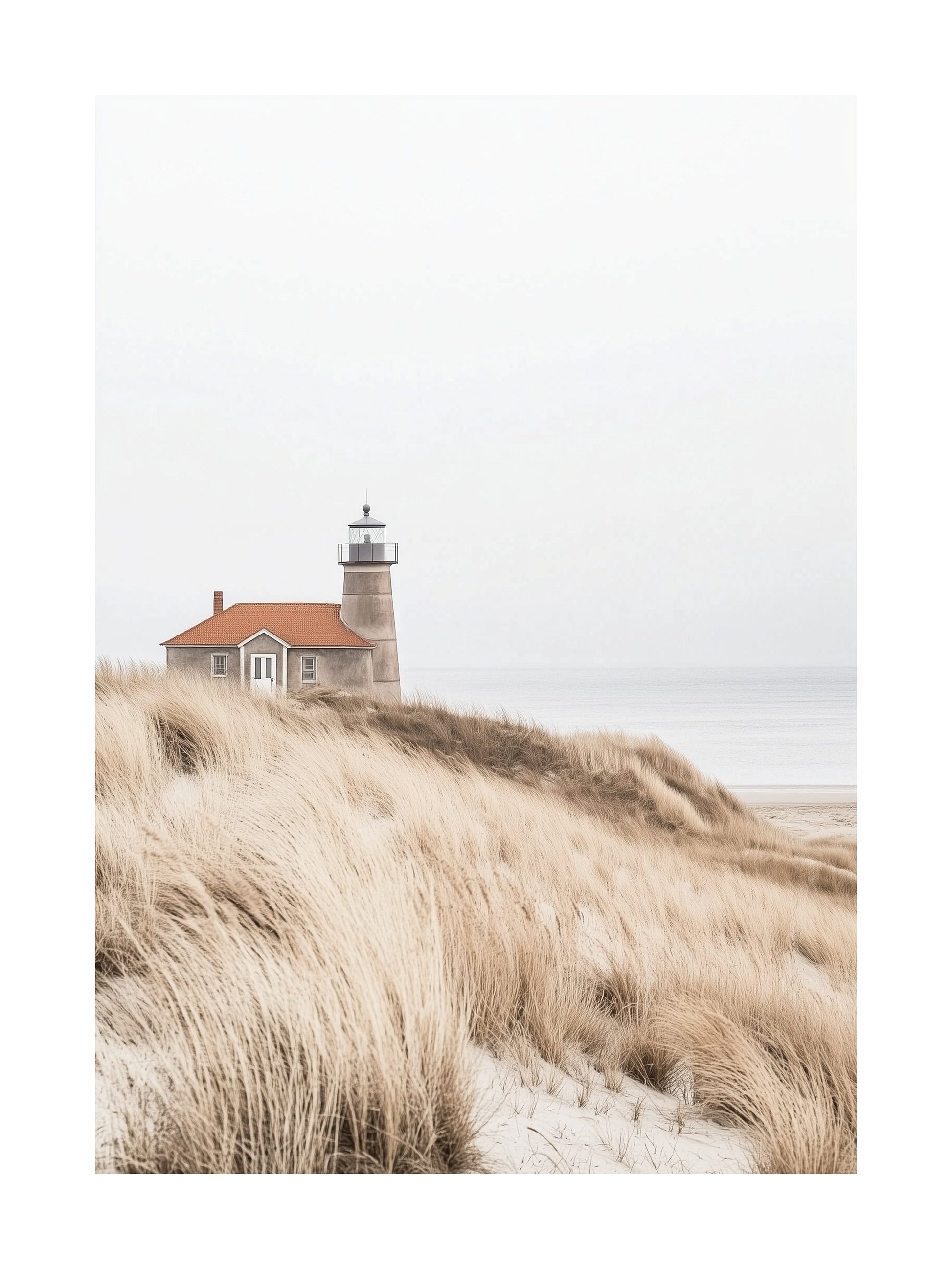 Swedish lighthouse with red roof surrounded by soft beach dunes