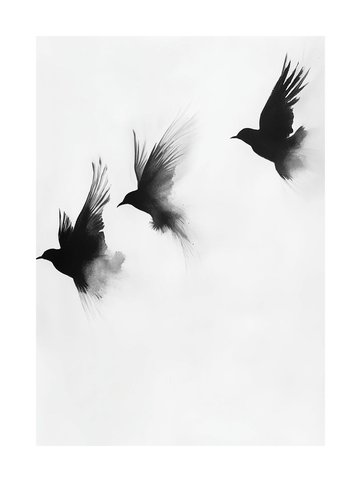 Black ink-style birds flying on white background - minimalist flight poster