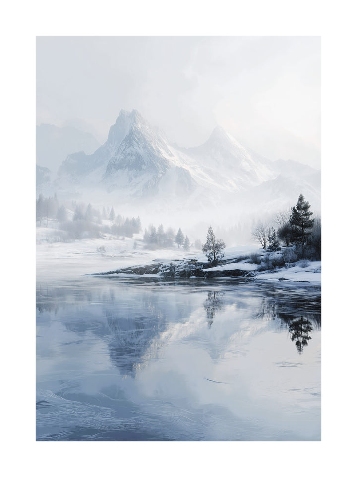 Snowy mountain peaks reflected in a frozen lake surrounded by winter trees.