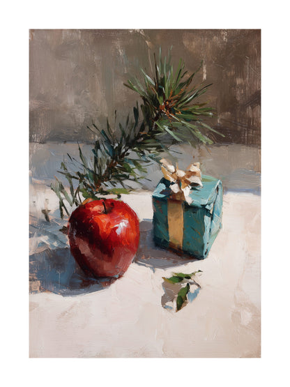 Oil painting of apple, pine branch and small gift Christmas poster