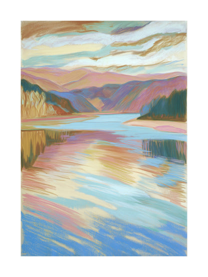 Calm river valley with pastel mountains and sky