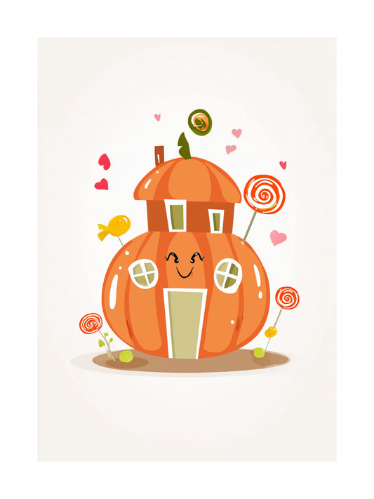 Poster of a pumpkin candy house with lollipops and hearts