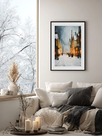 Snowy Village Street Poster