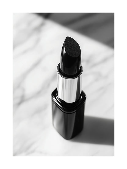 Black and white close-up of lipstick on marble – modern beauty poster