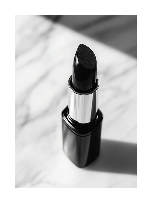 Black and white close-up of lipstick on marble – modern beauty poster