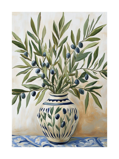 olive branches in ceramic vase decorative wall art - modern poster for home or office