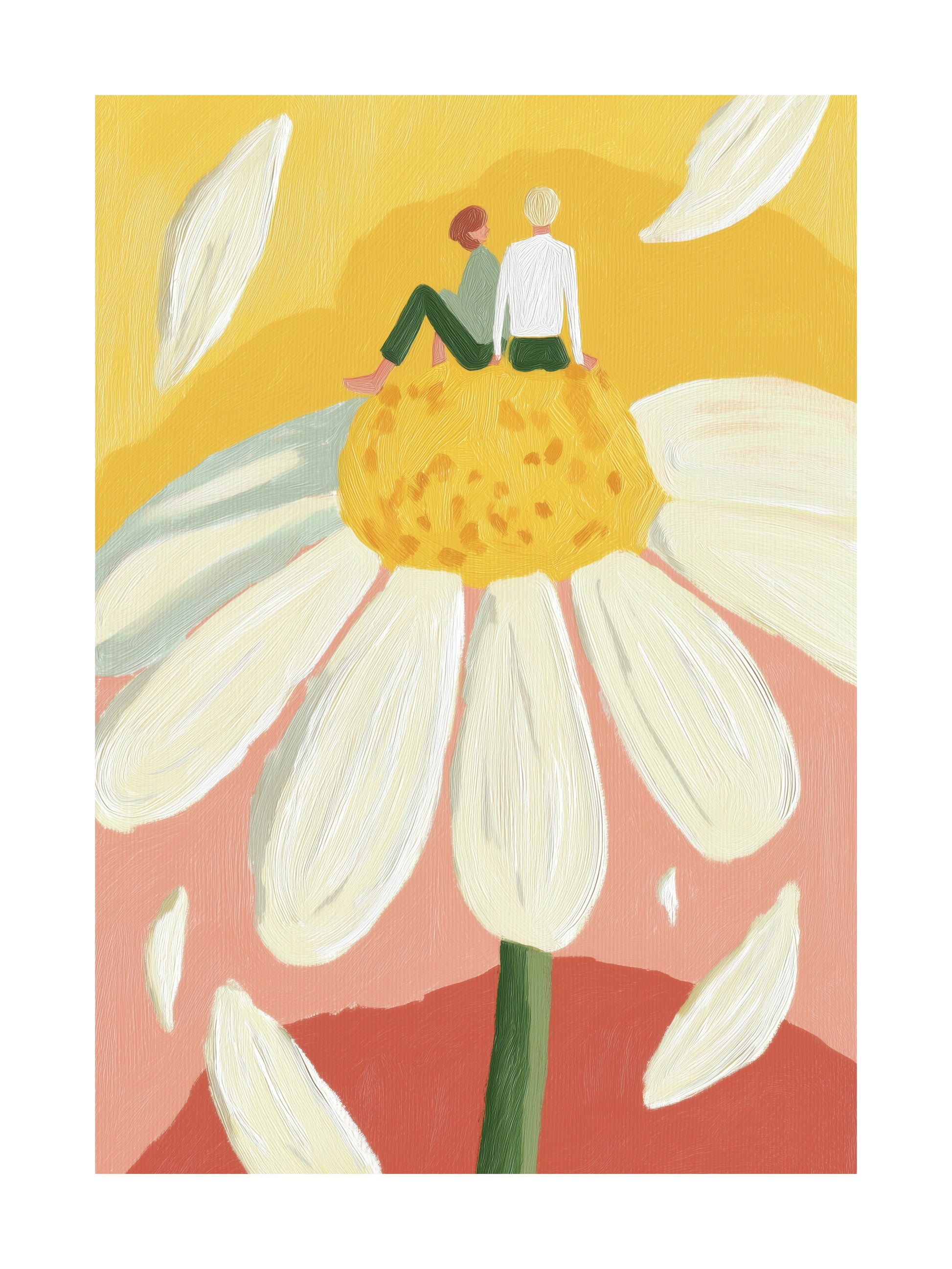 Poster of a couple having a picnic on top of a giant daisy flower
