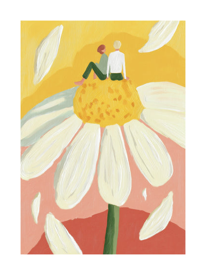 Poster of a couple having a picnic on top of a giant daisy flower