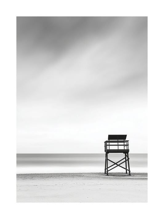 Black and white beach scene with lifeguard tower – minimalist coastal poster