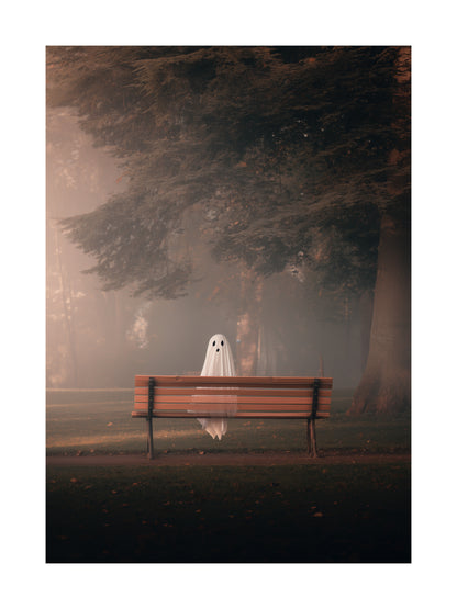 Halloween poster of a ghost sitting on a bench in a foggy forest