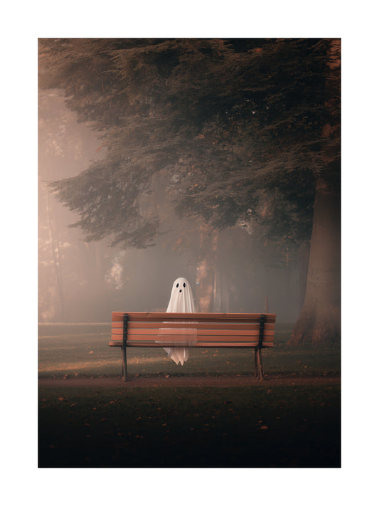 Halloween poster of a ghost sitting on a bench in a foggy forest