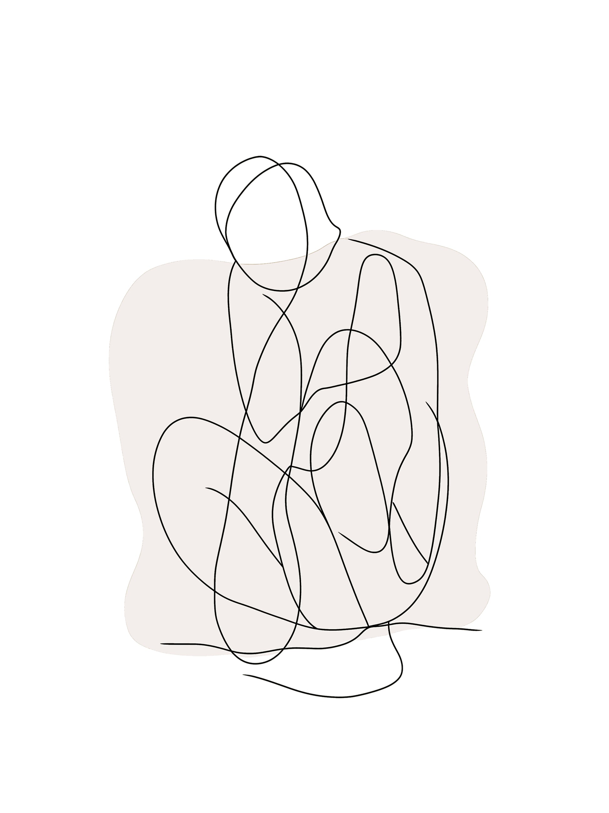 Minimalist single line drawing of a crouching figure on light background