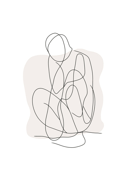 Minimalist single line drawing of a crouching figure on light background