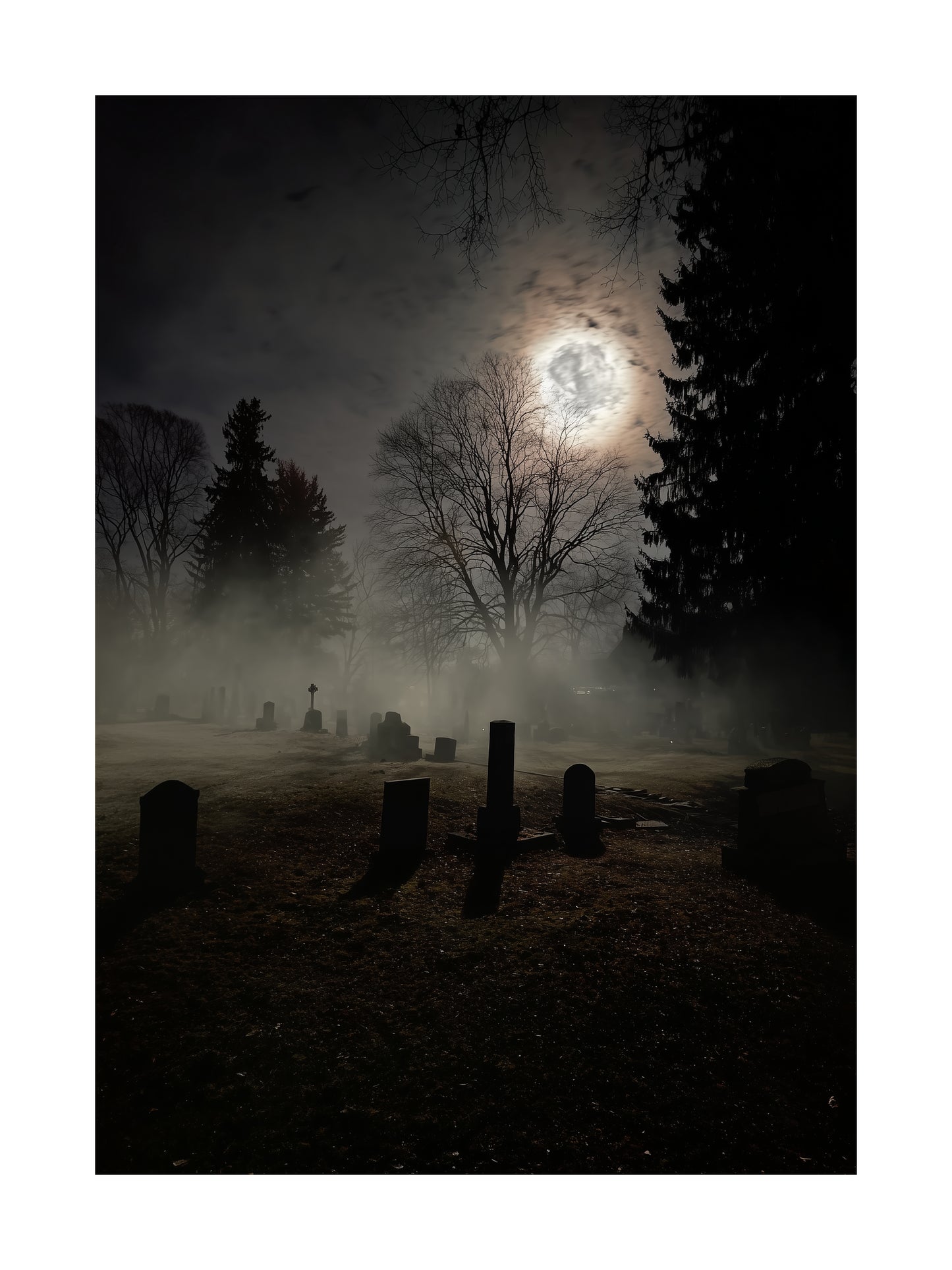 Poster of a foggy graveyard at night with tombstones and moonlight