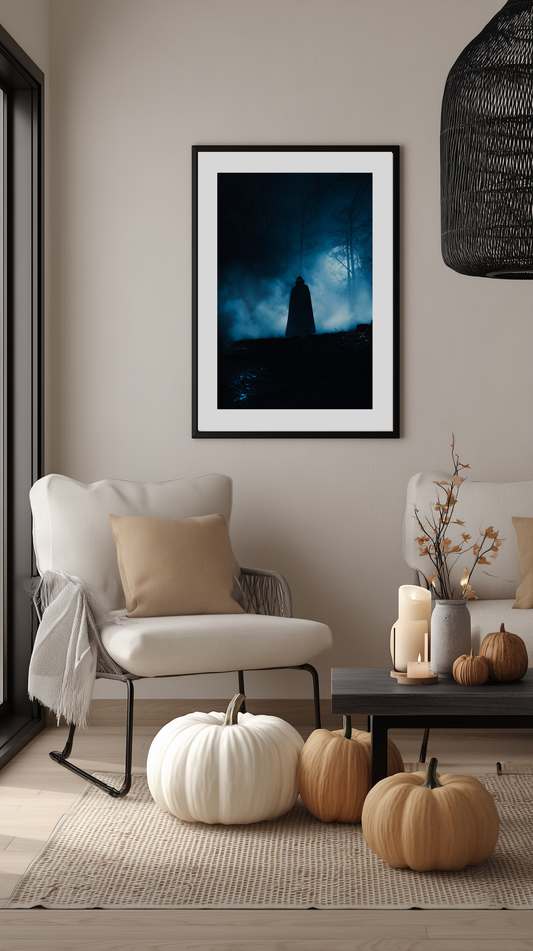 Mysterious Hooded Figure in Fog Poster