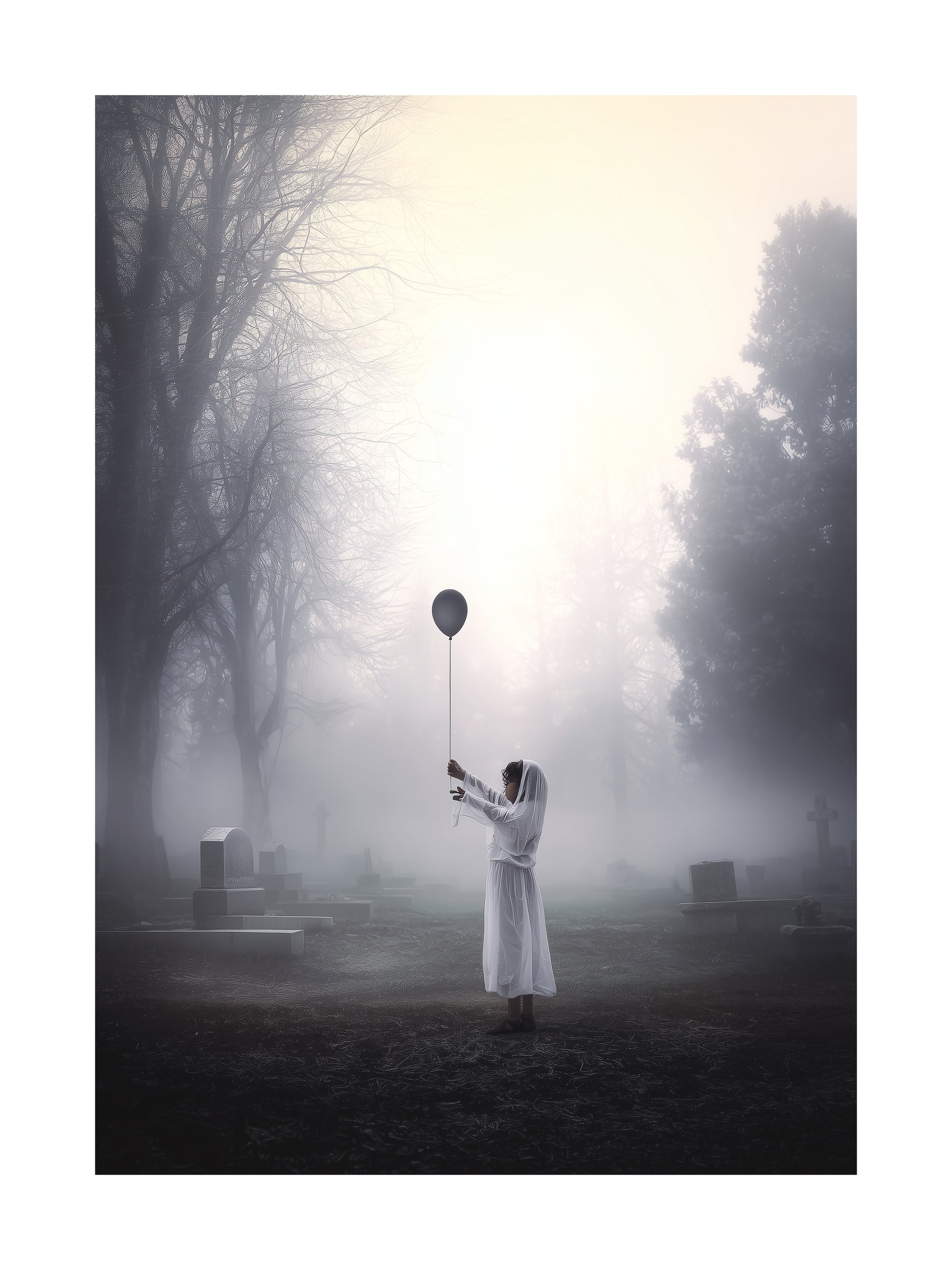 Halloween poster of ghost holding a balloon in a foggy graveyard