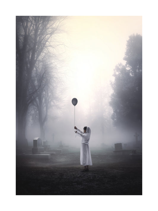 Halloween poster of ghost holding a balloon in a foggy graveyard