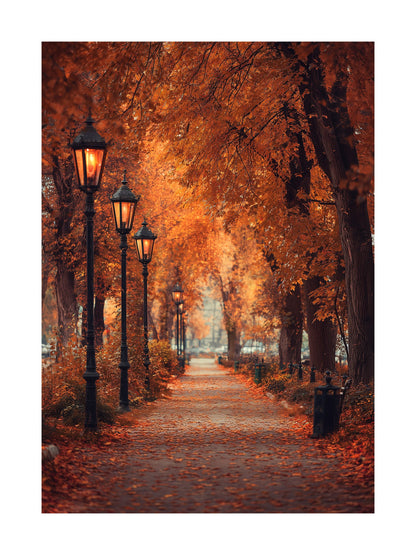 Poster of autumn park path with vintage street lamps and golden leaves