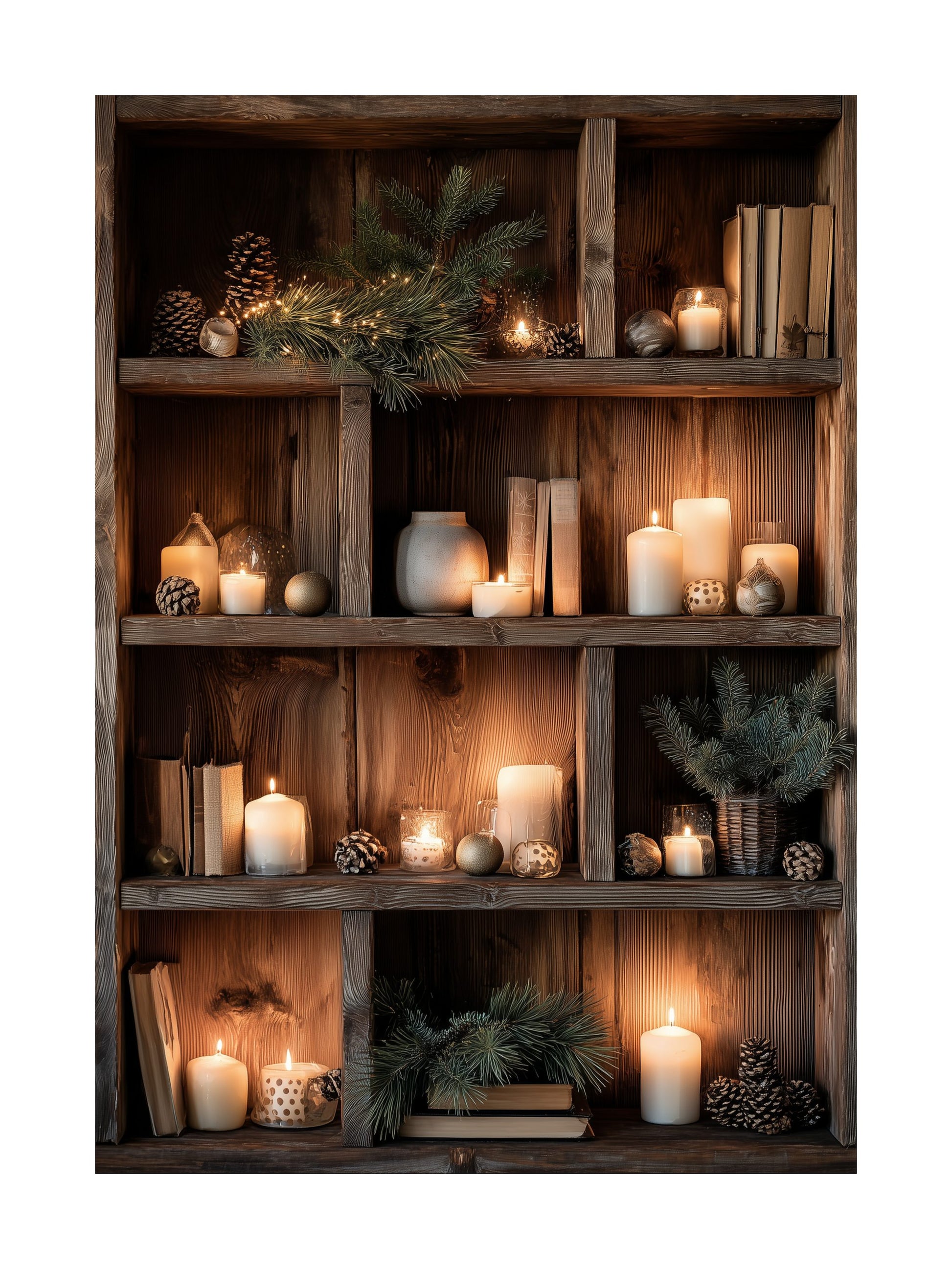 Wooden shelf with candles, pine branches, pinecones, and books creating a cozy winter mood.