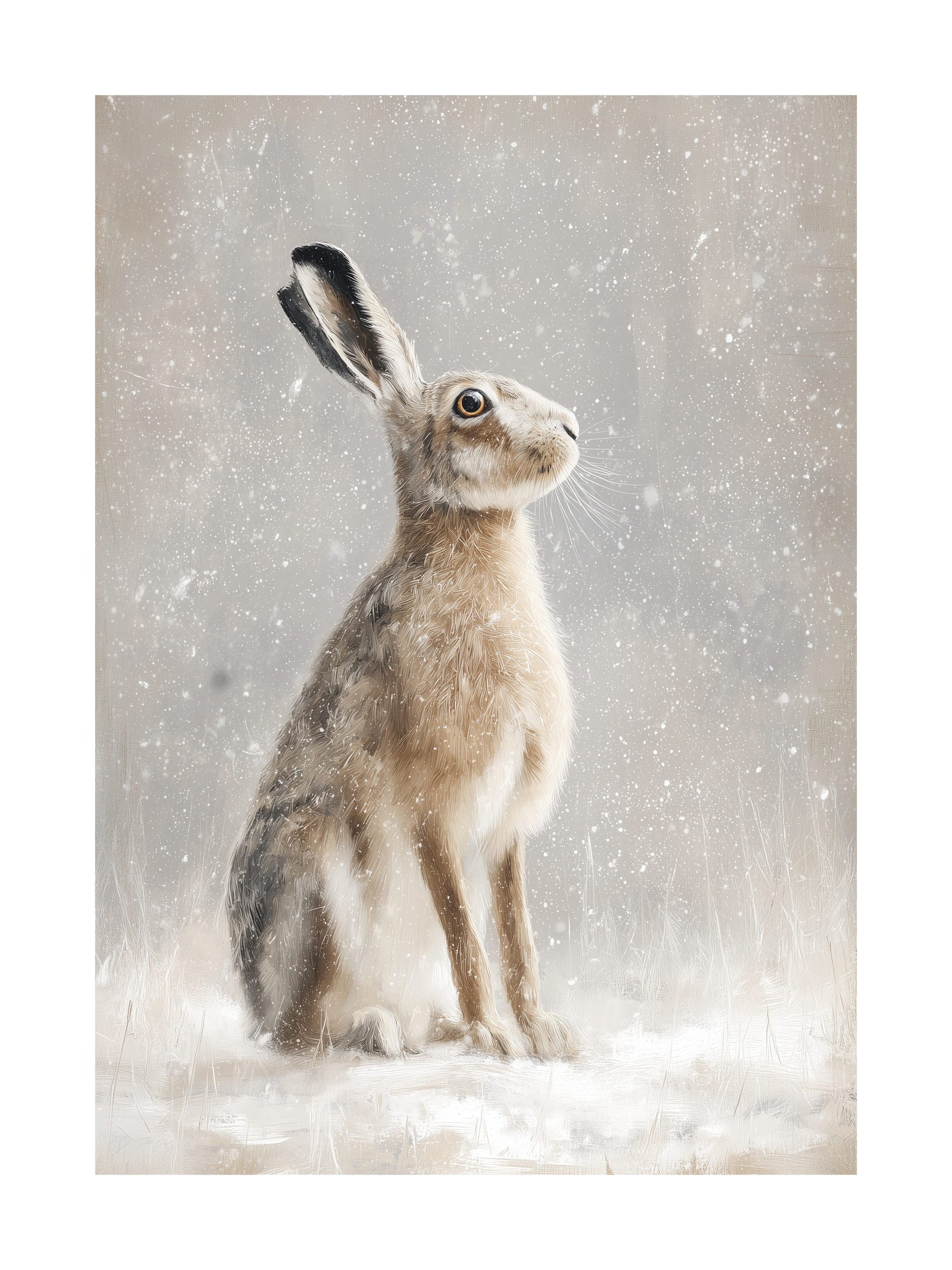Painting of a hare sitting in snow with falling snowflakes on beige background.