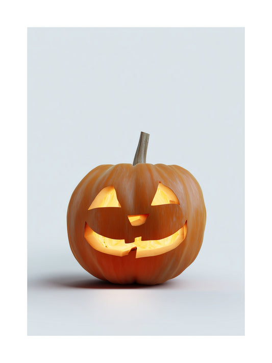 Minimalist poster of a glowing carved pumpkin on white background