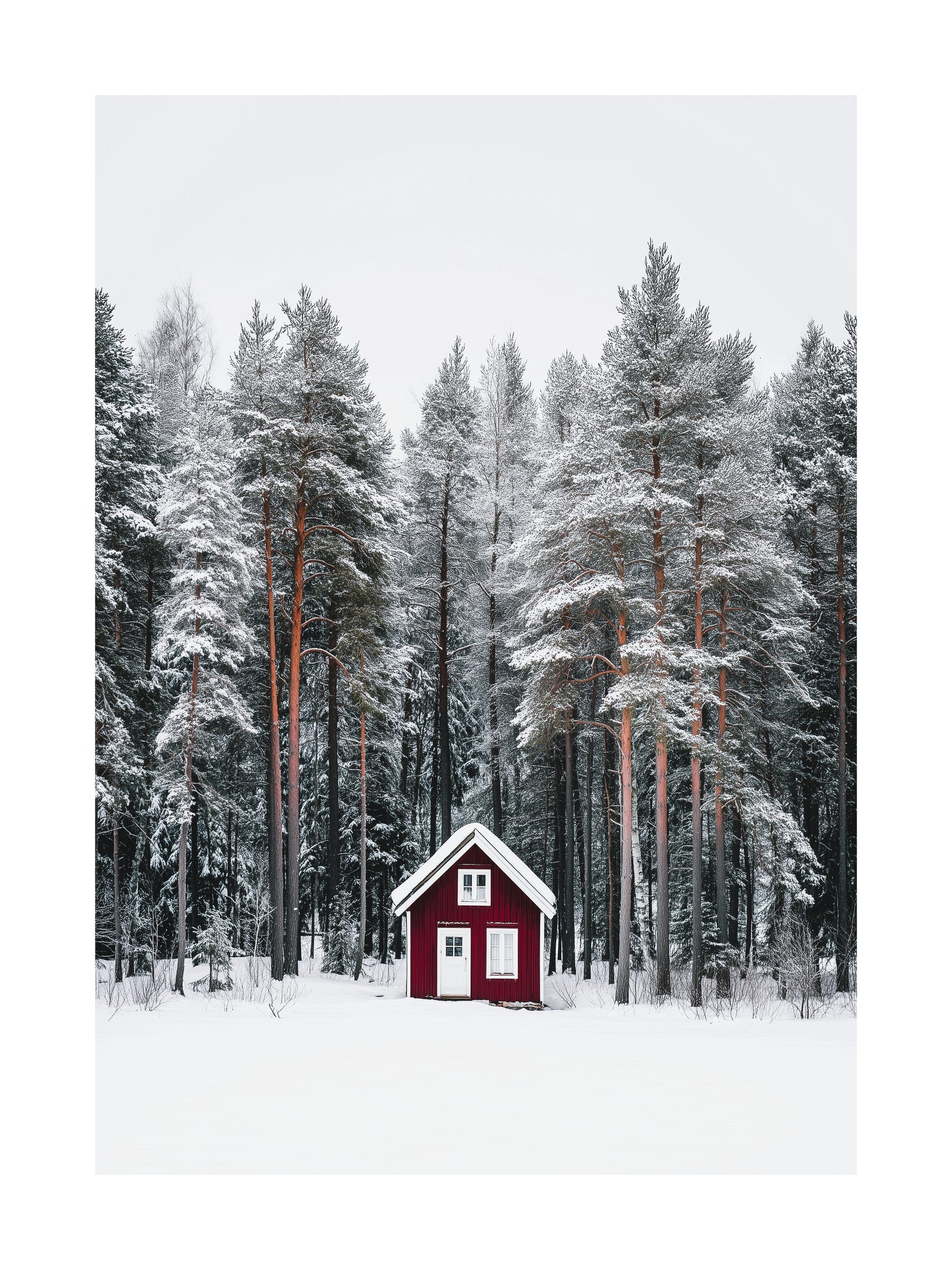 Red cabin in a snowy forest surrounded by tall pine trees.