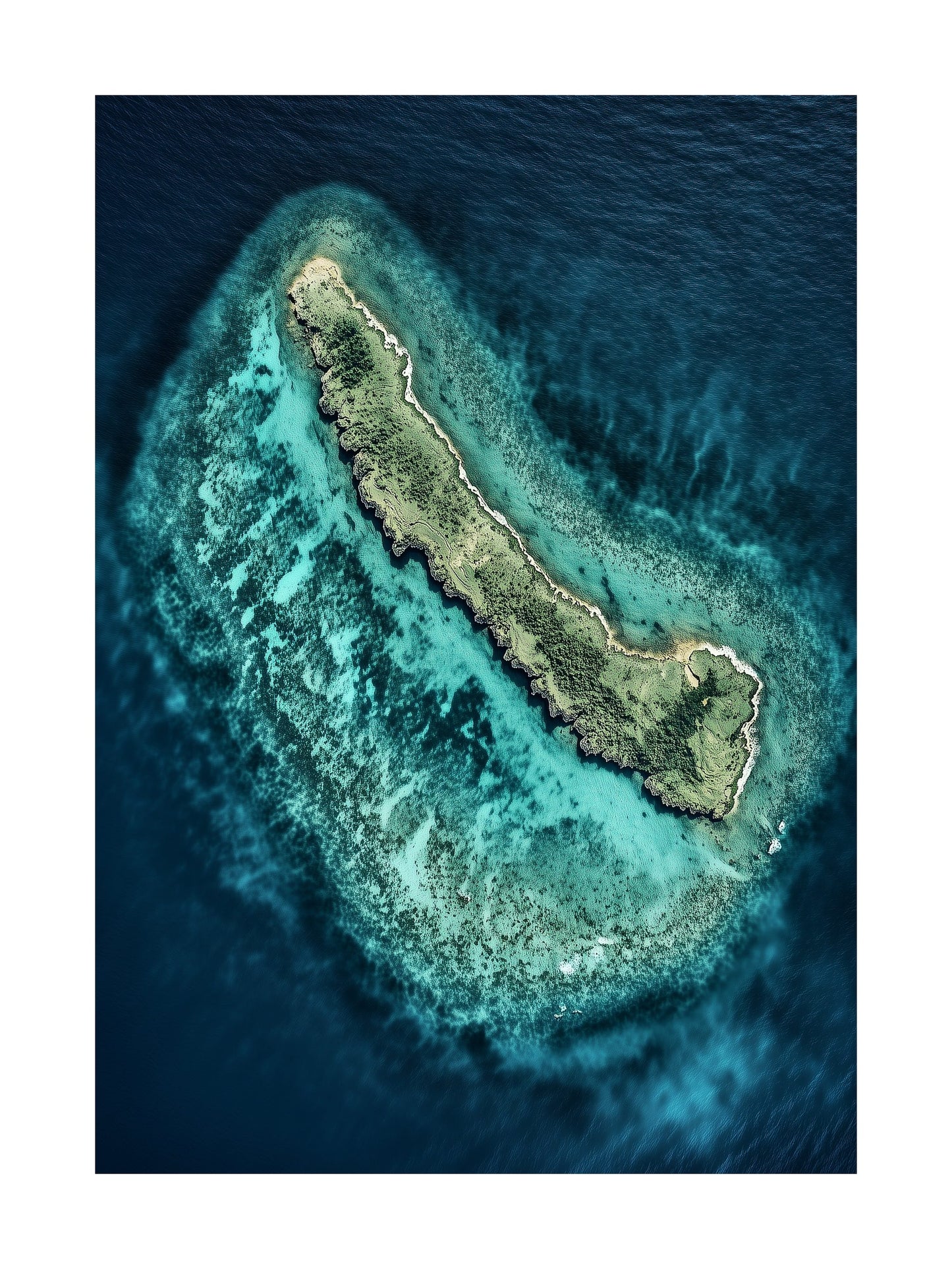 Top-down view of a small island encircled by vibrant turquoise reef. Ideal for wall art in your home, office, or studio.