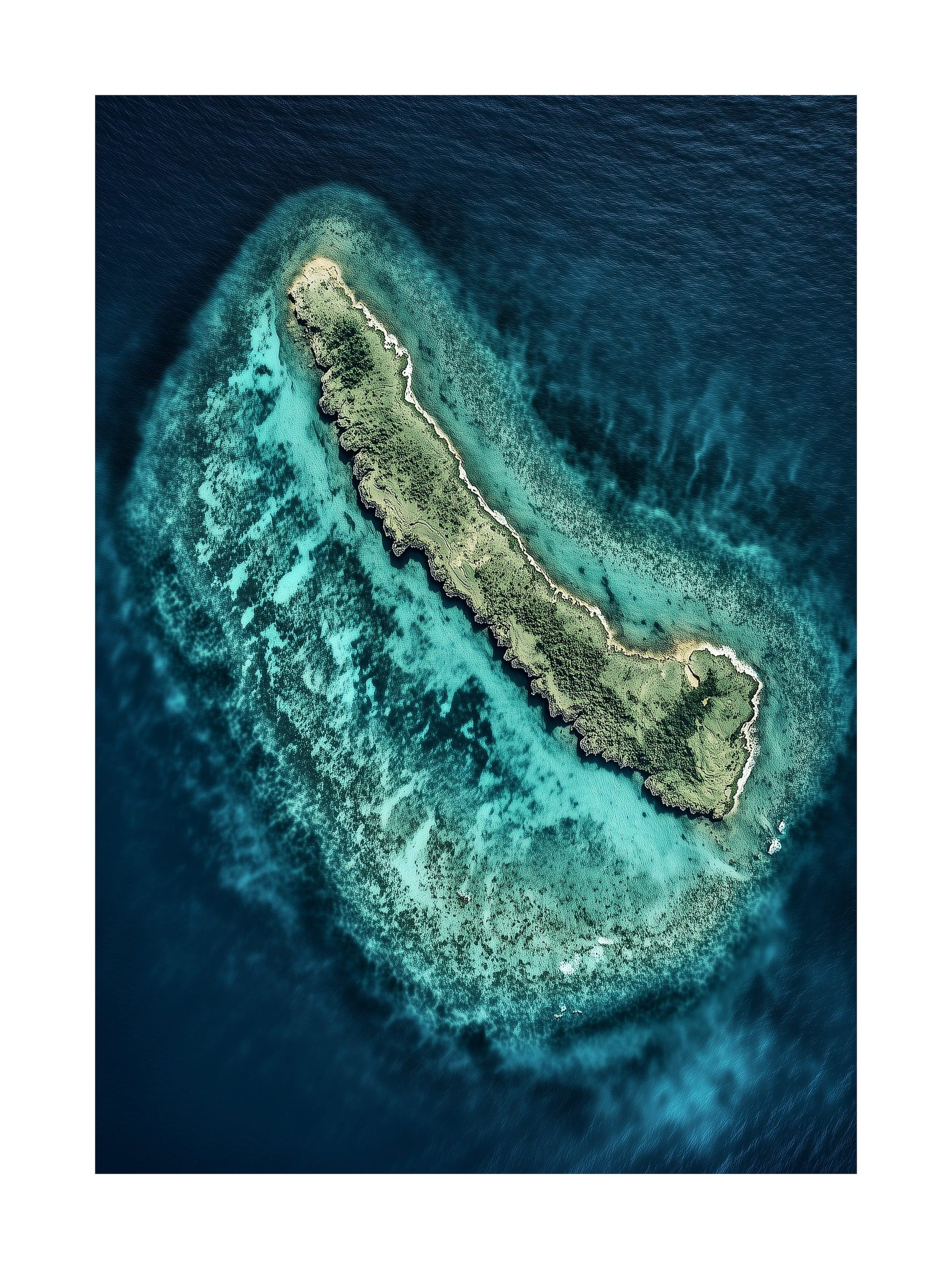Top-down view of a small island encircled by vibrant turquoise reef. Ideal for wall art in your home, office, or studio.