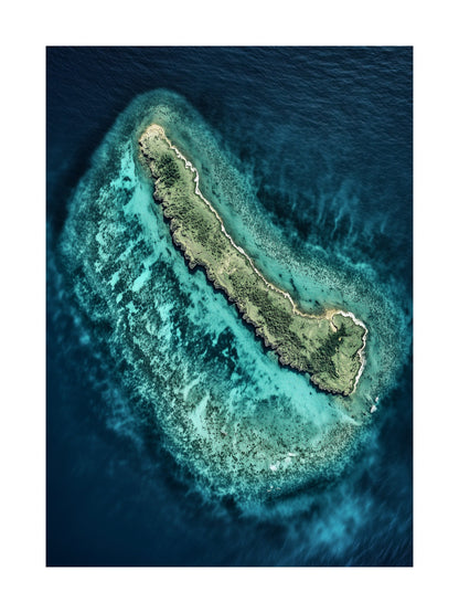 Top-down view of a small island encircled by vibrant turquoise reef. Ideal for wall art in your home, office, or studio.