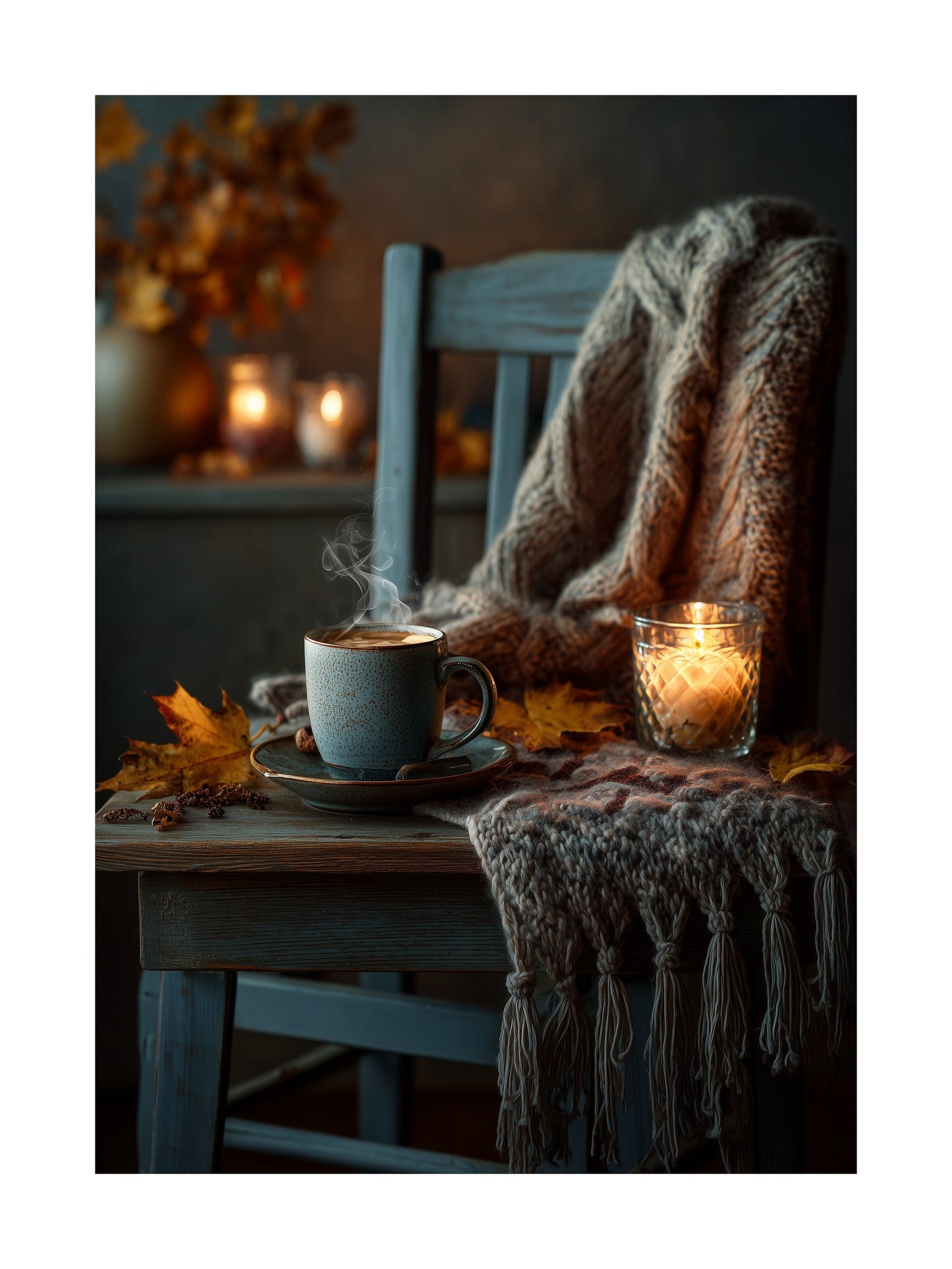 Poster of steaming coffee cup with candlelight and autumn leaves