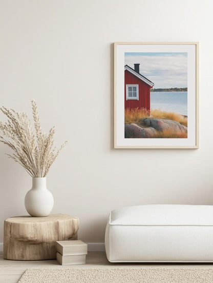 Red Coastal Cabin Poster