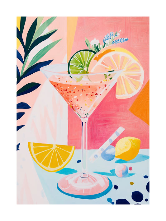 folk art martini kitchen wall art - stylish food & drink poster print