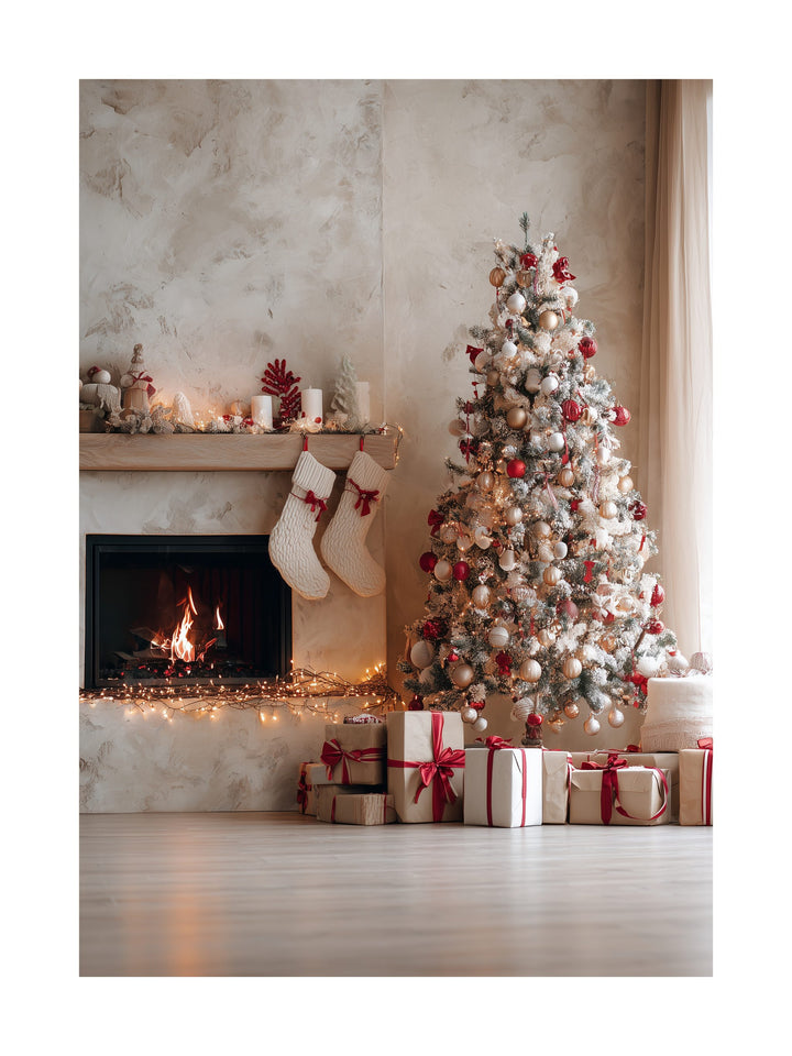 Scandinavian living room with Christmas tree, stockings and gifts poster