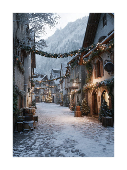 Snowy European village decorated for Christmas poster