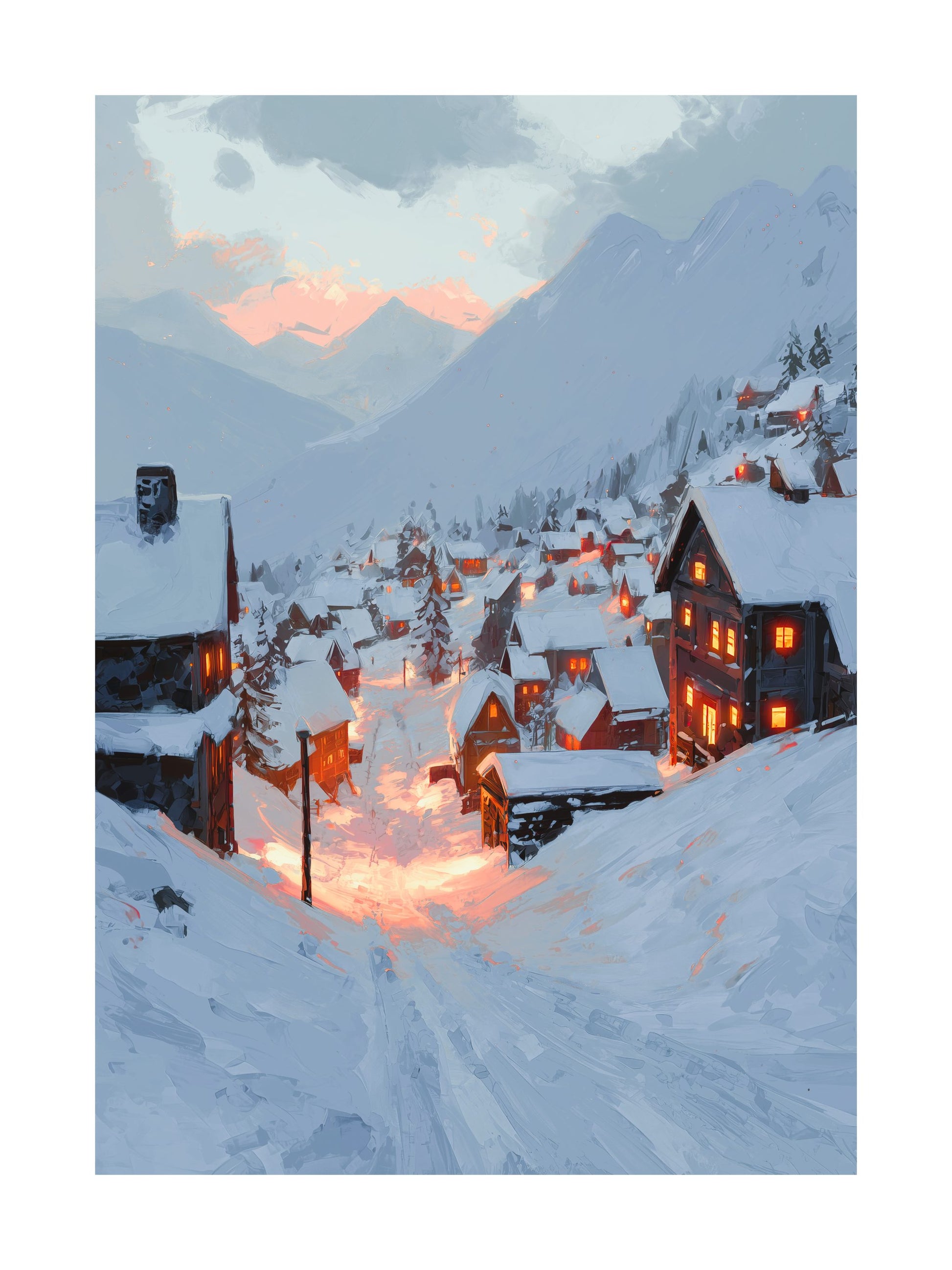 Snowy mountain village at sunset with glowing lights and pastel sky.