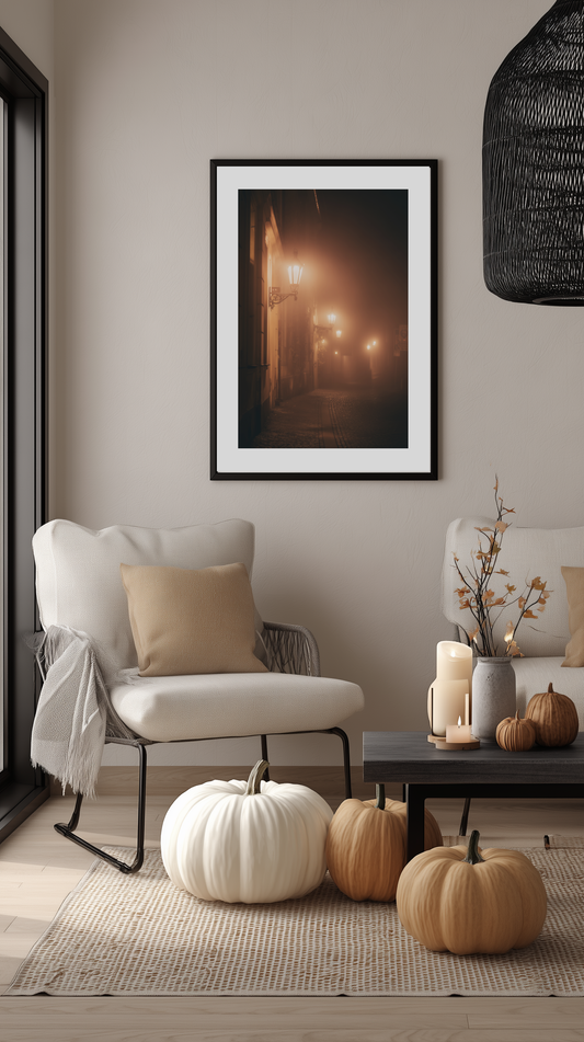 Foggy Street Lanterns Poster
