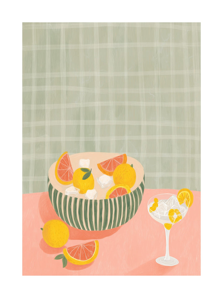 Poster of citrus fruits and a cocktail glass on a pink table