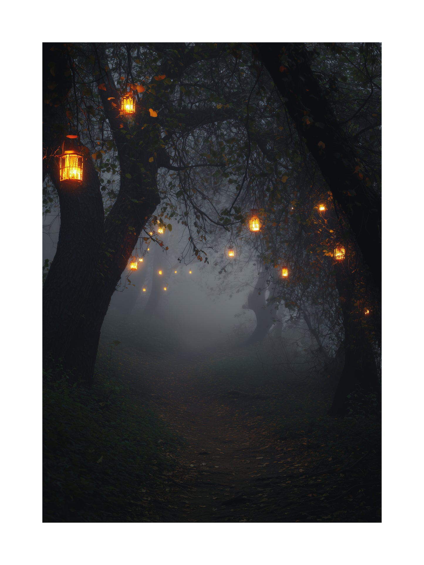 Halloween poster of a foggy forest path with glowing lanterns hanging from trees