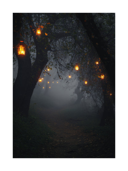 Halloween poster of a foggy forest path with glowing lanterns hanging from trees