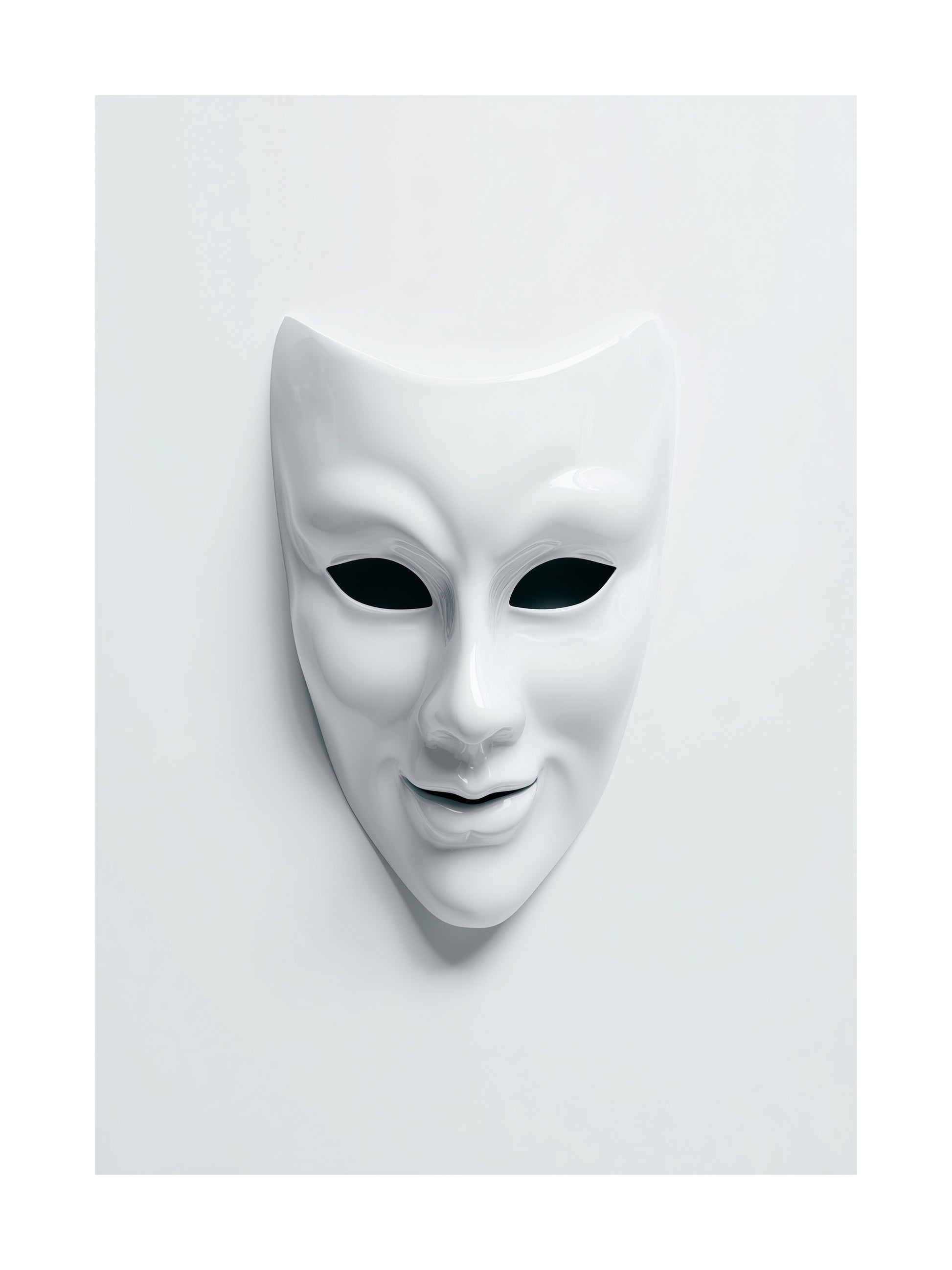 Minimalist Halloween poster of a creepy white mask on a white background