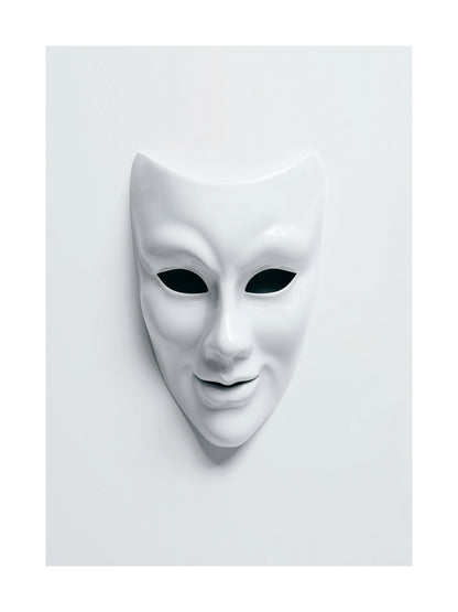 Minimalist Halloween poster of a creepy white mask on a white background
