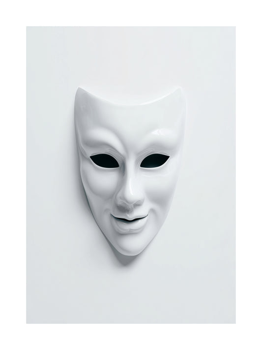 Minimalist Halloween poster of a creepy white mask on a white background